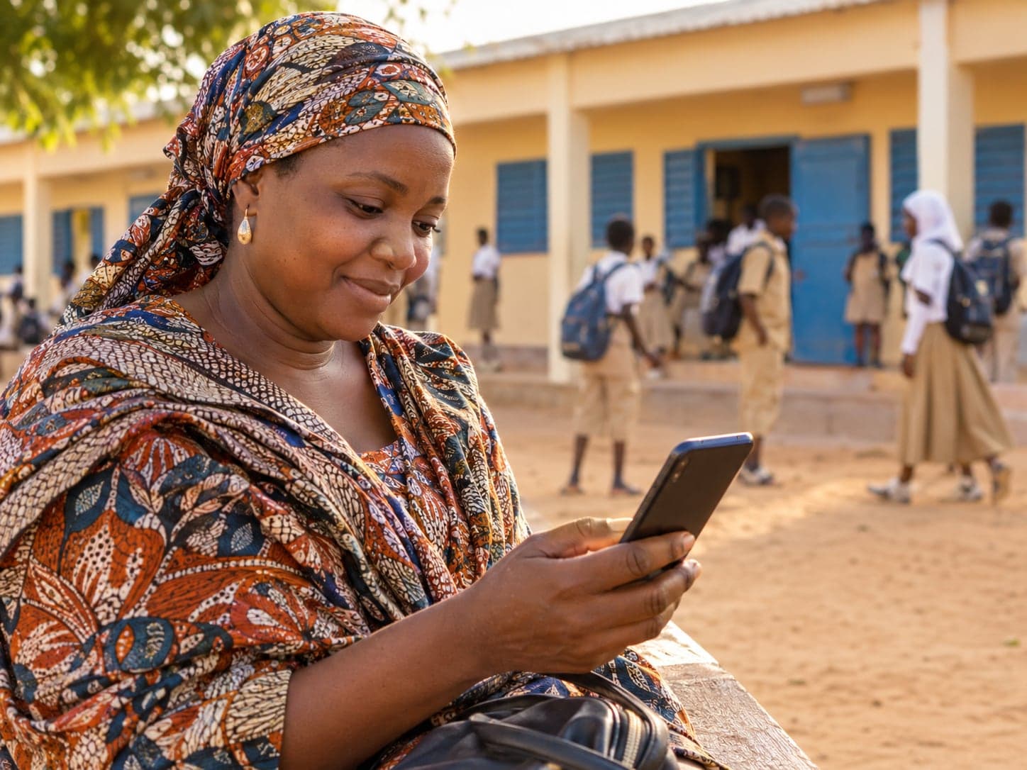 Un parent consulte le site de l’école sur son téléphone