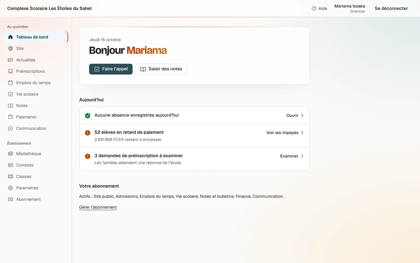 Le tableau de bord d’une directrice : l’appel du jour, les impayés et les préinscriptions à examiner.